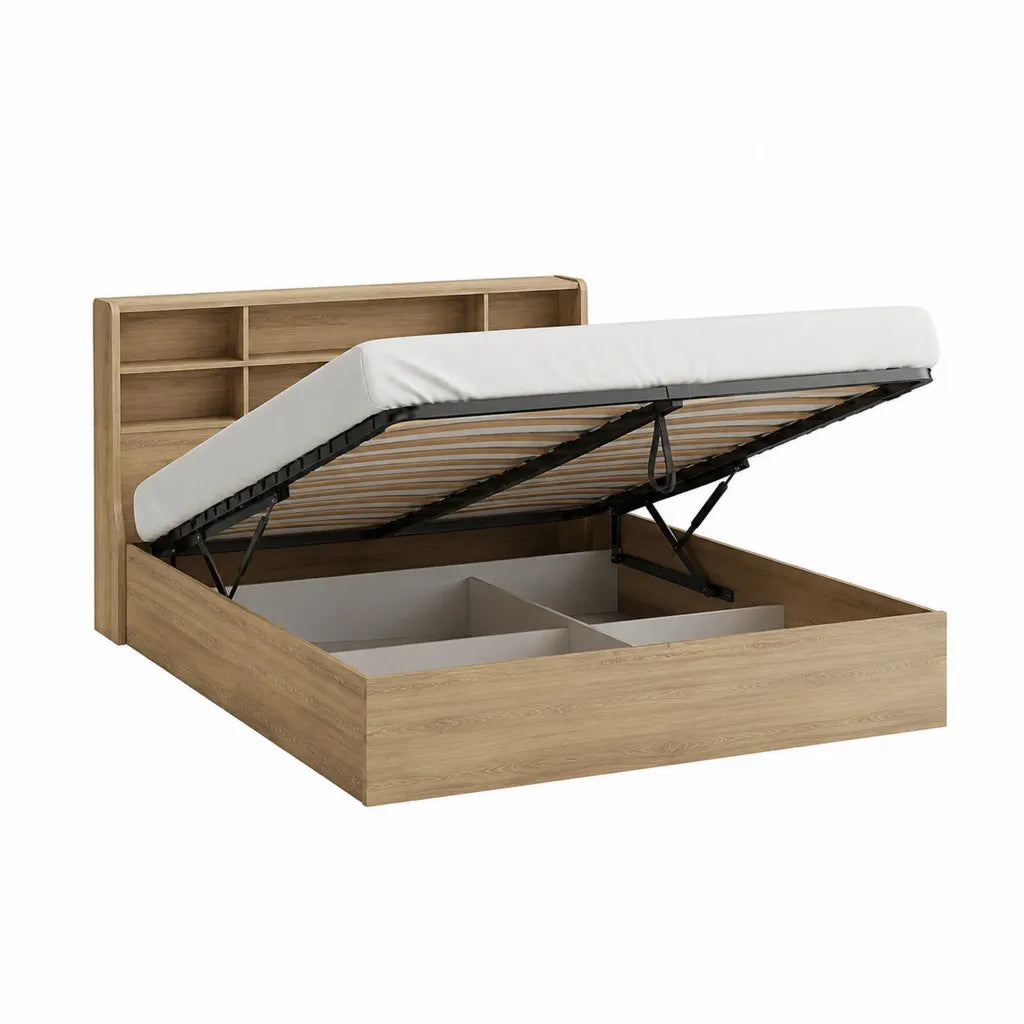 Stauraumbett 160 x 200 cm mit Gasdruckfeder Lattenrost und Regal-Kopfteil Eichefarben