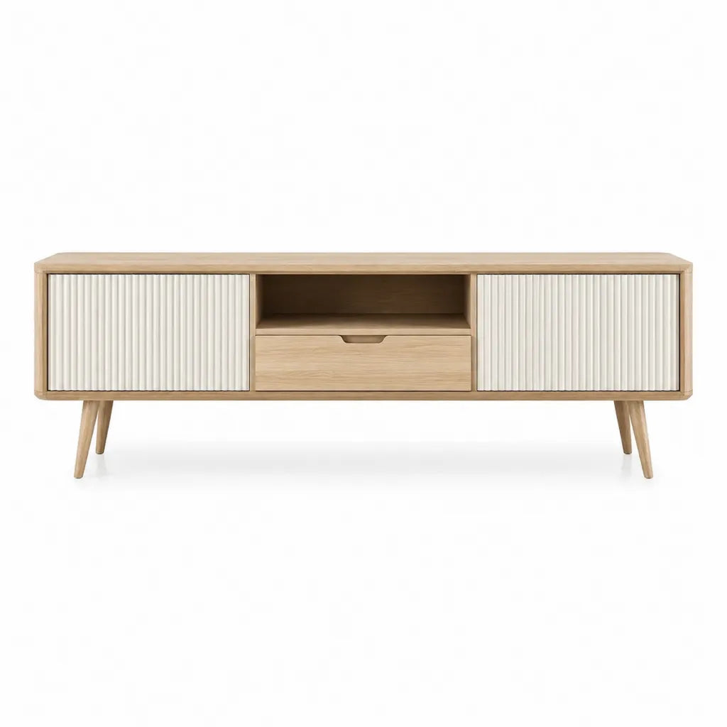 TV Lowboard 160 x 40 x 60 cm aus MDF mit Eichenfurnier rechteckig Naturweiß