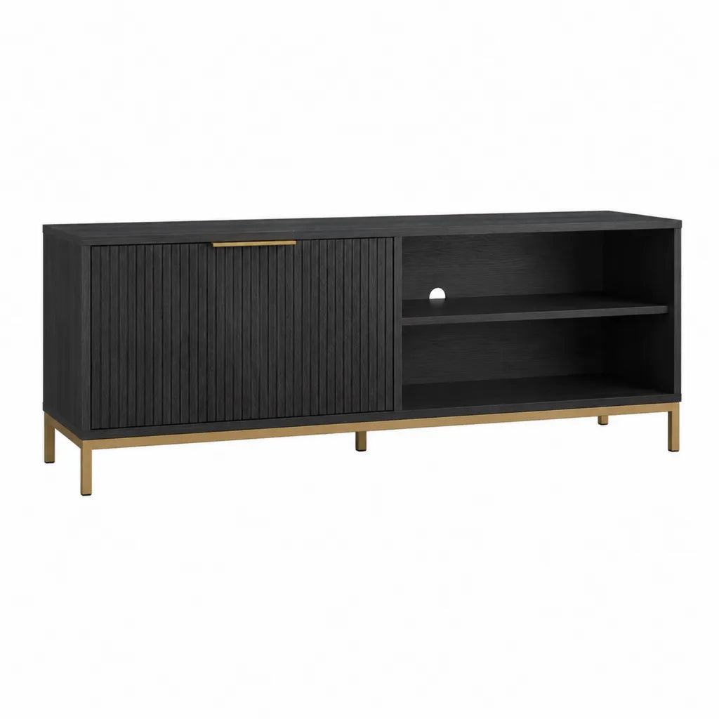 TV-Lowboard 160 x 40 x 60 cm mit Schiebetür und offenen Fächern aus MDF Schwarz Gold