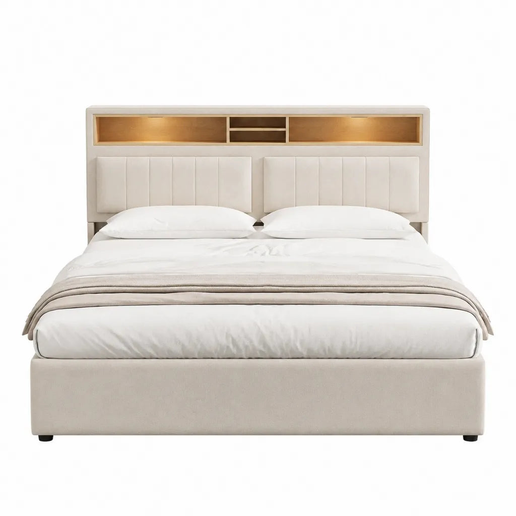 Stauraumbett 180 x 200 cm mit gepolstertem Kopfteil und Regalablagen aus MDF Beige