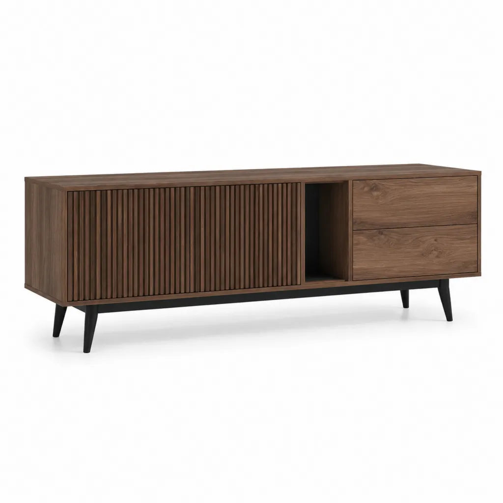 TV Lowboard 180 x 40 x 65 cm aus MDF mit Walnussfurnier rechteckig walnussbraun schwarz