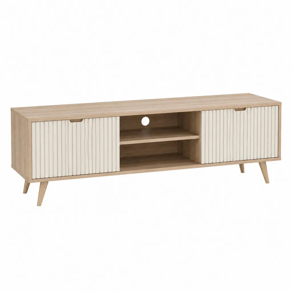 TV-Lowboard 140 x 40 x 55 cm mit 2 Schiebetüren Spanplatte Eichefarben Weiß Rechteckig