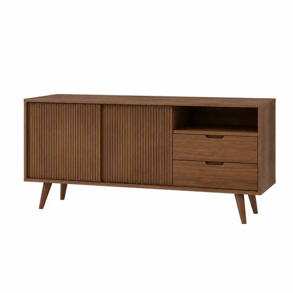 TV-Lowboard mit Schiebetüren und 2 Schubladen aus MDF mit Walnussfurnier rechteckig Walnussbraun 160 x 40 x 75 cm