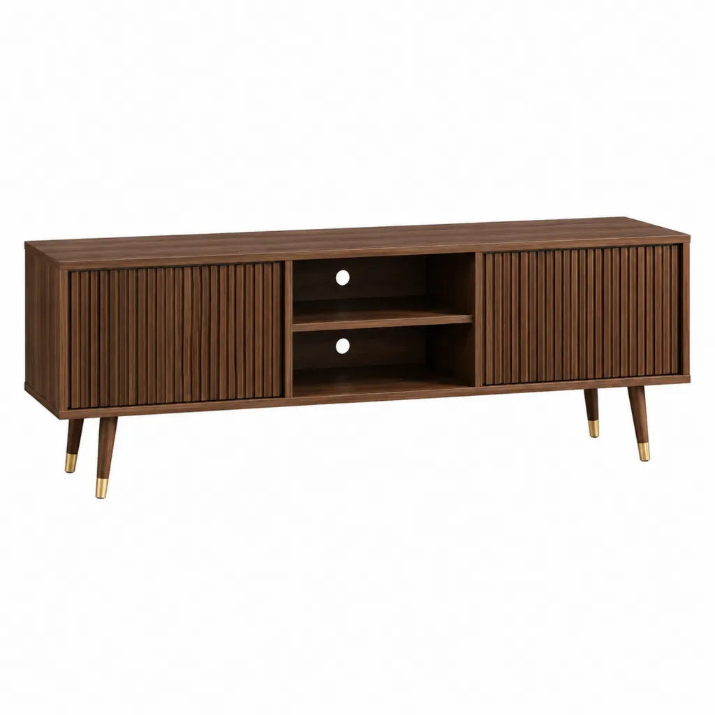 TV Lowboard mit 2 Schiebetüren und offenen Fächern MDF Walnussoptik rechteckig Braun 160 x 40 x 65 cm
